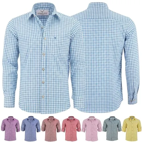 German Wear Herren Trachtenhemd mit Hirsch-Stickerei - Himmelblau, 2XL - Traditionelles Trachtenhemd in Himmelblau mit klassischem Karomuster und stilvoller Hirsch-Stickerei. Hochwertiger Materialmix für hohen Tragekomfort und langlebige Qualität. Ideal für Feste und besondere Anlässe.