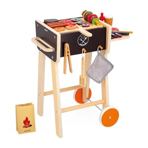 Janod Grill aus Holz - Rollenspielzeug Küche für Kinder - Küchen-Spielzeugsets mit 57 Zubehörteilen, ideal für kreative Grillabenteuer ab 3 Jahren, fördert Feinmotorik und Hand-Augen-Koordination.