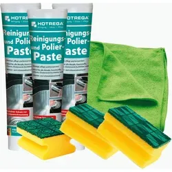 HOTREGA® Reinigungs- und Polierpaste für Glaskeramik 3x125ml Set - Reinigungsmittel für Glaskeramik und Edelstahl, entfernt effektiv Schmutz und schützt mit Abperleffekt vor Korrosion. Inklusive Mosaik Schwamm und Microfasertuch für streifenfreie Ergebnisse.