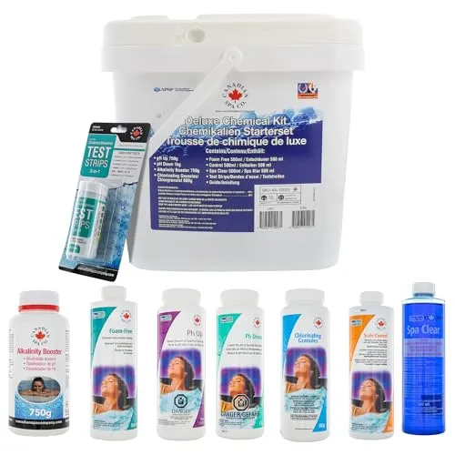 CANADIAN SPA CO. Wasserpflege Set Deluxe 8-teilig - Pool-Balancer: Komplettset für ganzjährige Wasserpflege mit Chlorgranulat, pH-Regulatoren und Schaum Entferner – einfach und effektiv dank kostenloser Wassertest App.