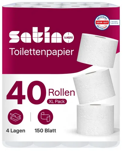 Satino Prestige Toilettenpapier 4lagig – 150 Blatt – 5 Packungen mit je 8 Rollen – Premium Klopapier für maximalen Komfort