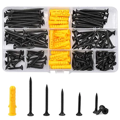Kissral 140 pcs Vollgewindeschrauben +30 Kunststoff Expansionsrohr Schrauben Edelstahl-Schrauben Holz Spanplattenschrauben mit Senkkopf Schwarz