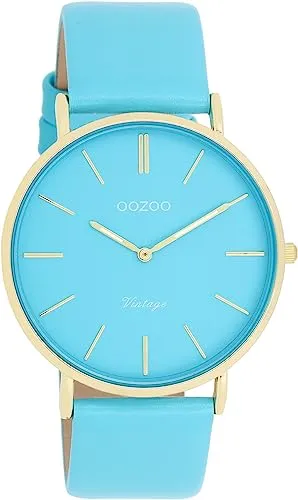 Oozoo Vintage Damen Uhr hellblau/Gold - Elegante Armbanduhr mit 20mm Lederarmband - Armbanduhren für Damen - Stilvolle OOZOO Damenuhr mit robustem Lederarmband, ideal für jeden Anlass und als perfektes Geschenk in hochwertiger Box.