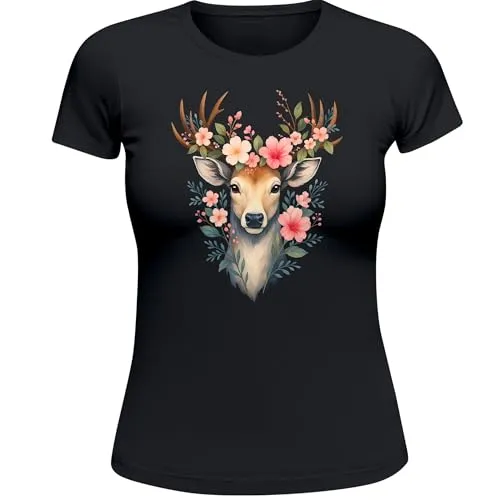 MoonWorks® Damen T-Shirt für das Oktoberfest Hirsch mit Blumenkranz Fun-Shirt Trachtenshirt Bierfest Outfit Schwarz L