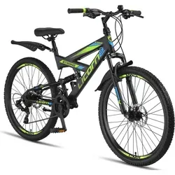Licorne Bike Mountainbike Strong 2D Premium - 26, 27,5 und 29 Zoll - Hochwertiges Mountainbike in Schwarz/Blau/Lime, ideal für Offroad-Abenteuer mit einem zulässigen Gesamtgewicht von 95 kg.