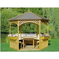 Möbel für Pavillon Palma - Zubehör für Lauben & Pavillons, bestehend aus 1 Tisch und 5 Bänken aus imprägniertem Kiefernholz – ideal für gesellige Stunden im Freien.