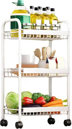 Heikoeco® Servierwagen schmal mit 3 Ebene aus Metall, platzsparender Küchenwagen mit Rollen, langlebig Rollwagen weiß mit Griffen