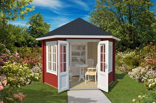 Lasita Pavillon Walmdach 44 mm Rivera rot 350x350 cm - Gartenpavillon aus robustem Holz mit 7,5 m² Nutzfläche, isolierverglasten Fenstern und abschließbarer Doppeltür – ideal für entspannte Stunden im Garten.