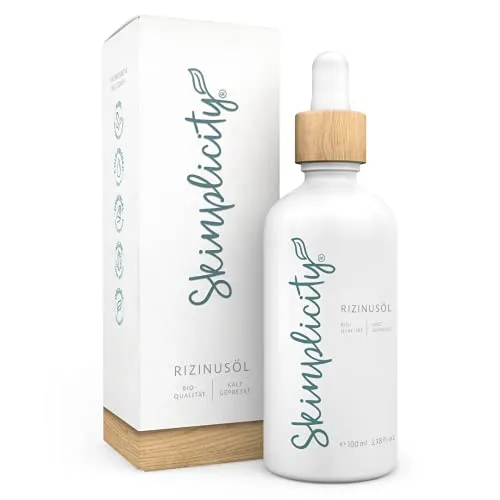 Skinplicity Rizinusöl kaltgepresst in Bio-Qualität für Wimpern, Bartöl, Augenbrauen, Haare, Nägel. Feuchtigkeits-Pflege für Haar, Gesicht & Haut