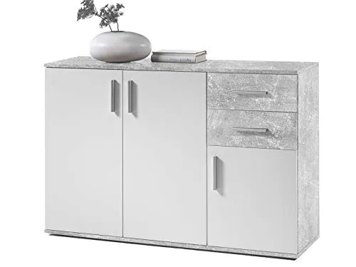 möbelando Kommode Freida II - Mehrzweckschrank in Beton/Weiß - Kommode & Sideboard mit praktischem Stauraum: 2 Türen, 2 Schubkästen und eine dekorative Ablagefläche. Modernes Design in leichter und stabiler Spanplatte.