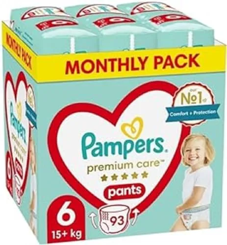 Pampers Pants Windeln Größe 6, Premium Care - 93 Stück für besten Schutz & Komfort - Windeln der Größe 6 von Pampers bieten höchsten Komfort und bis zu 12 Stunden Auslaufschutz. Die Premium Care Windelhose ist einfach anzuziehen und sorgt dank 360° Passform für sicheren Sitz.