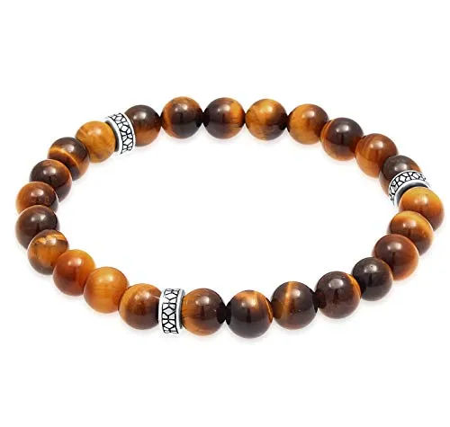 Kuzzoi Buddha Herren Naturstein Armband - Elegantes Herren Armband aus Tigerauge Perlen (8mm) mit oxidierten 925 Sterling Silber Beads, ideal für stilvolle Looks und als besonderes Geschenk für Männer.