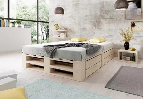 Lermowood Palettenbett M2 aus Holz 180 x 200 cm Natur mit Lattenrost und 2 Bettkästen Holzbett 30cm Stabiles Seniorenbett Kinderbett Jugendbett Gästebett erhöhtes Bettgestell Futonbett Komforthöhe
