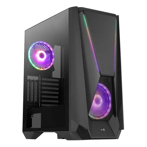 Aerocool VISORBK ATX Gaming Gehäuse - Mid Tower PC-Gehäuse mit RGB-Beleuchtung und seitlichem Sichtfenster für individuelle Anpassung und optimale Luftzirkulation.