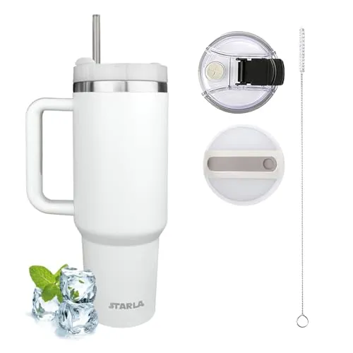 STARLA Thermobecher mit Strohhalm und Henkel 1,2l groß, 2 Deckel, auslaufsicher, Edelstahl Isolierbecher Kaffeebecher To Go Wasserbecher Getränkebecher Reisebecher Trinkbecher mit Griff (Weiss)
