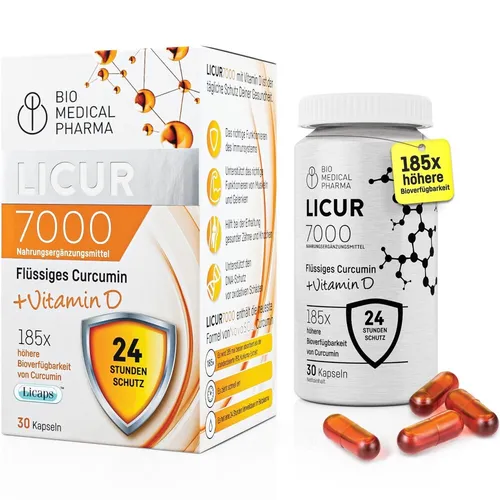 Kurkuma Kapseln mit Vitamin D3 - 185x Bioverfügbarkeit - Licur 7000 (30-Tage)