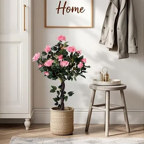 Arnusa Künstlicher Rosenstock 90 cm Rosa - Künstliche Pflanzen mit 21 Rosenblüten und 259 Blättern, ideal für lichtarme Bereiche. Der natürliche Echtholz-Stamm sorgt für ansprechende Dekoration ohne Pflegeaufwand.