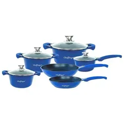 Kochtopf Kasserolle Bratpfannen Set 10-tlg blau mit Glasdeckel - Topf-Sets: 10-teiliges Aluminiumdruckguss Kochset mit 3-Schicht-Marmorbeschichtung, ideal für alle Herdarten, inklusive Induktion, und bietet hervorragende Wärmeverteilung.