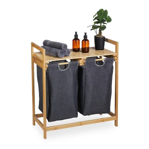 Wäschekorb Regal Wäschesammler aus Bambus mit Ablage - Elegantes Badregal mit integriertem Wäschekorb und 2 Fächern, ideal für eine ordentliche Wäscheorganisation. Perfekt für drinnen und sorgt für ein stilvolles Ambiente.