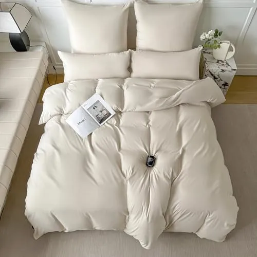 Amolavet Winter Bettwäsche 135x200 2teilig Set Beige aus Gebürstetem Mikrofaser Winterbettwäsche 135x200 Bettbezug 135 X 200 + Kissenbezüg 80x80 Mit Reißverschluss für Einzelbett