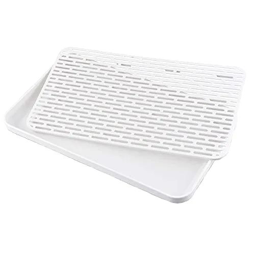 30*17,5cm Abtropfmatte, Geschirr Trockenmatte, Abtropfgestell mit Auffangschale,Verdicken Kunststoff Doppelschicht Schräge Abtropffläche mit Tropfschale für Tassen, Schalen, Früchte (Grau, Weiß)