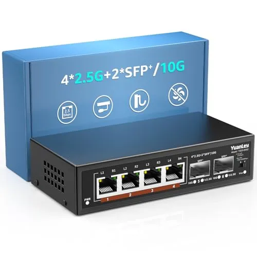 Port 2.5G Umanaged Ethernet Switch, 4 x 2.5G Base-T Ports, 2 x 10G SFP, 100/1000/2500M Kompatibel, VLAN, Metall Lüfterlos, Desktop/Wandmontage YuanLey 2.5Gbe Netzwerk Switch für Wireless AP, NAS, PC 6