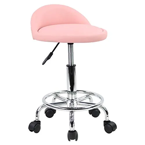 KKTONER Rollhocker Bürostuhl Drehstuhl, höhenverstellbarer, Drehhocker mit niedriger Rückenlehne und Fußstütze aus PU Leder Rosa