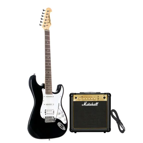 E-Gitarre Anfänger Set ST-Style Schwarz mit HSS Tonabnehmer - Ideal für Einsteiger: Dieses E-Gitarren-Set bietet eine hochwertige Verarbeitung und vielseitige Klänge. Mit 22 Bünden und einem geschraubten Ahornhals für optimales Spielgefühl.