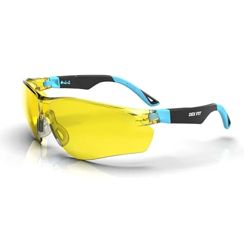 DEX FIT Schutzbrille SG210, Z87 Augenschutz, Beschlagfrei und Kratzfest, Verstellbar, Blaulichtfilter Brille Herren und Damen und UV Schutzbrille (Schwarzer und Blauer Rahmen, Gelbe Gläser)