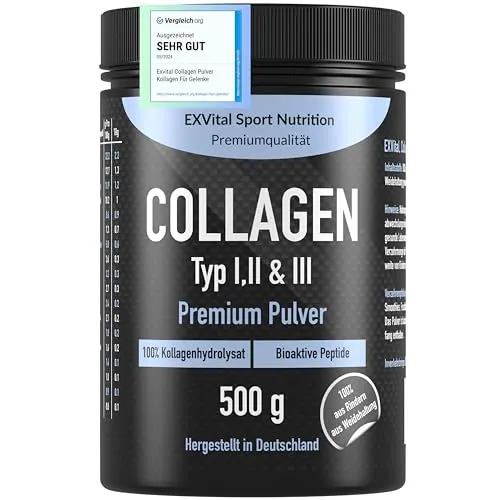 EXVital Collagen Pulver 500g - Bioaktives Kollagen - Nahrungsergänzungsmittel mit 100% reinem Kollagenhydrolysat aus Weidehaltung. Geschmacksneutral und schnell löslich, ideal für Shakes und Smoothies. Unterstützt Muskelmasse und gesunde Knochen.