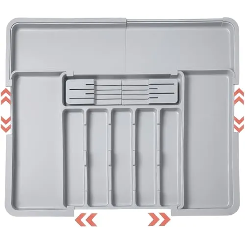 ZHUlYIWIN Besteckkasten für Schubladen, verstellbarer Schubladen Organizer Küche mit 2 Messerhalter, Erweiterbarer Besteckeinsatz für Schubladen Cutlery Organizer Kücheaus aus Kunststoff (Grau)