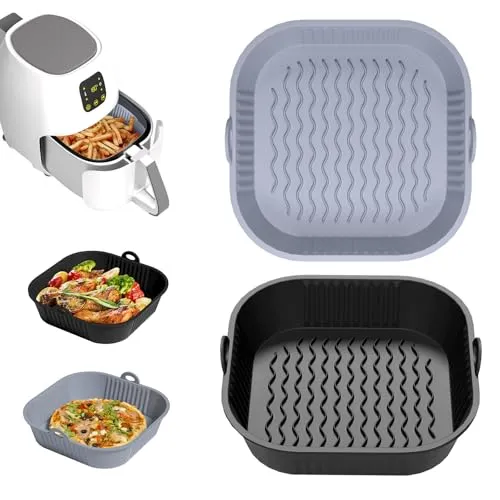 Diboniur 2Pcs Silikonform für Heißluftfritteuse 5-8L, Airfryer Zubehör, Silikon Einsatz Backform (Grau und Schwarz), 21,5x21,5x5 cm
