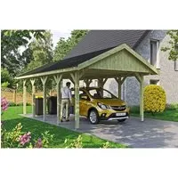 Satteldach-Carport Wallgau 430 x 750 cm mit schwarzen Schindeln - Carport aus imprägniertem Holz mit stabilen 11,5 cm Pfosten, ideal für alle Jahreszeiten dank hoher Schneelast von 200 kg/m² und witterungsbeständiger Dachkonstruktion.