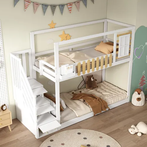 okwish Etagenbett 90x200 mit Treppe,Kinderbett Holzbett mit 3 Schließfächer,Bettgestell mit Regalkasten,Jugendbett mit Sicheres Geländer,Ohne Matratze