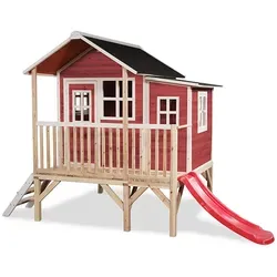 EXIT Loft 350 Holzspielhaus - rot - Spielhaus aus FSC® zertifiziertem Zedernholz, wetterfest und mit wasserdichtem Bitumendach, ideal für stundenlangen Spielspaß im Freien.
