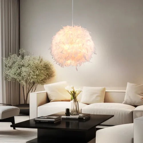 Hängeleuchte Federn weiß - Moderne Pendelleuchte für stilvolle Räume - Lampen - Elegante Pendelleuchte mit Feder-Lampenschirm, ideal für Wohn- oder Esszimmer. E27 Fassung für Leuchtmittel bis 40 Watt, sorgt für stimmungsvolle Beleuchtung.