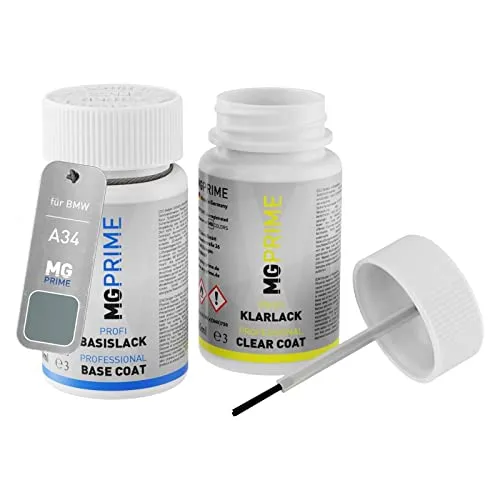 MG PRIME Autolack Lackstift Set für BMW A34 Arktis Metallic/Arctic Metallic Basislack Klarlack je 50ml