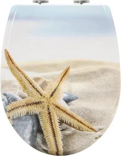 WOLTU Toilettendeckel mit Absenkautomatik - Gelber Seestern - WC-Sitz mit Absenkautomatik und Quick-Release-Funktion. Antibakterielles Duroplast sorgt für einfache Reinigung und Langlebigkeit. Ideal für O-förmige Toilettenschüsseln, bis 150 kg belastbar.