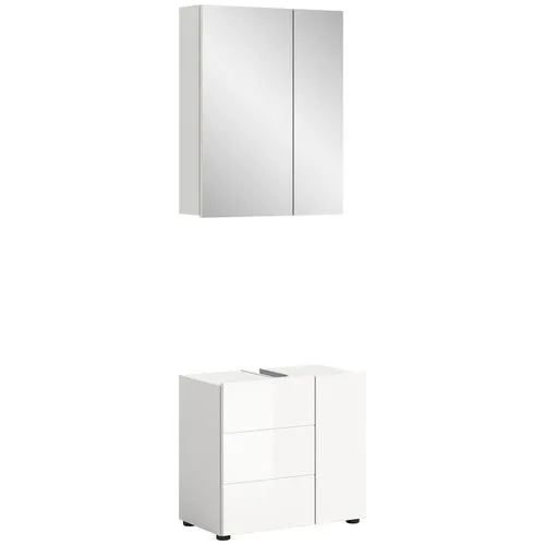 Vira 2 Badkombination Weiß Hochglanz mit LED-Beleuchtung - Badezimmer Set mit modernem Design und LED-Beleuchtung, bestehend aus Waschbeckenunterschrank und Spiegelschrank, bietet eleganten Stauraum und sorgt für eine frische Atmosphäre.