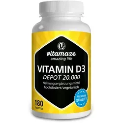 Vitamaze VITAMIN D3 20.000 internationale Einheiten Depot hochdosiert - Nahrungsergänzungsmittel mit 20.000 I.E. Vitamin D3 pro Tablette, ideal zur Unterstützung der Immunfunktion, besonders in den dunklen Wintermonaten.