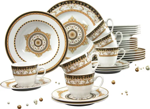 CreaTable Kombiservice Majestosa schwarz, 30-tlg. für 6 Personen - Elegantes 30-teiliges Geschirrset aus hochwertigem weißen Porzellan, ideal für festliche Anlässe und den täglichen Gebrauch.
