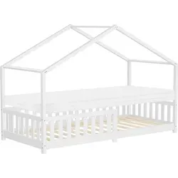 ML-Design Kinderbett Hausbett 90x200 cm Weiß mit Matratze - Betten – Stilvolles Hausbett aus massivem Kiefernholz mit Lattenrost, ideal für kreatives Spielen und gesunden Schlaf dank hypoallergener Matratze.