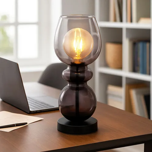 Elegante Tischleuchte mit Rauchglas - Retro Nachttischlampe in Schwarz - Tischleuchten mit stilvollem Rauchglas und modernem Metall-Design. Ideal für Nachttische oder Sideboards, sorgt für sanftes, diffuses Licht und bringt elegante Akzente in Ihr Zuhause.