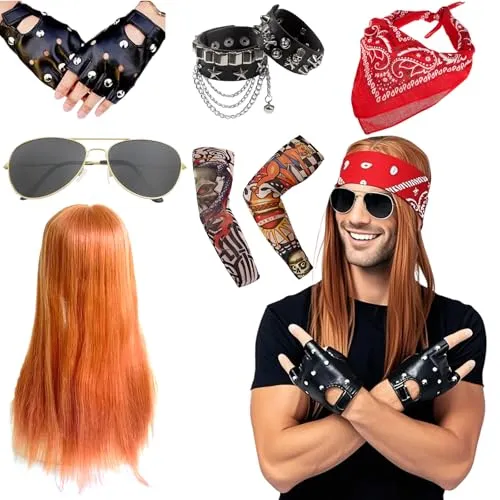 Rocker Outfit Herren, Rocker Herren Rockstar Kostüm, 70er 80er 90er Disco Kostüm Party, Armband Kopftuch Sonnenbrille Handschuhe Tattoo Ärmel für Rollenspiel, Halloween, Fasching, Kostümfeste