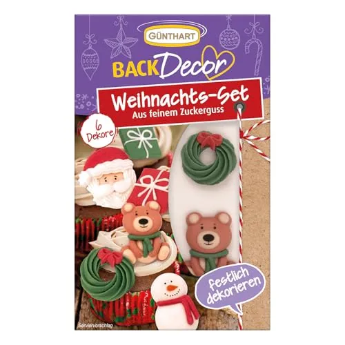 Günthart BackDecor 15 x Weihnachts Set mit 6 weihnachtliche essbare Zucker Figuren, Schneemann, Bär, Nikolaus, Geschenk und Kranz, 1er Pack (270 gr)