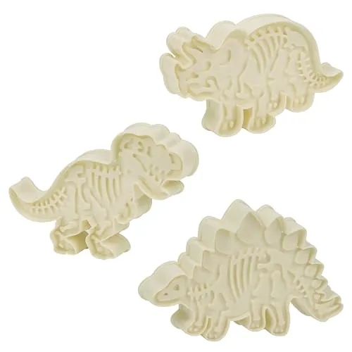 Kurtzy Dinosaurier Skelett Ausstechformen Set (3er Pack) - Weiße Acryl Triceratops, T-Rex und Stegosaurus Ausstecher Set für Kuchen Dekorieren, Gebäck, Fondant, Keksausstecher für Kinder