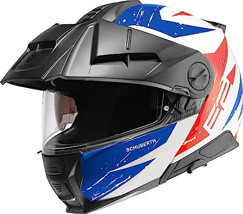 Schuberth E2 Explorer Klapphelm XL - Weiss-Rot-Blau - Motorradhelm mit klappbarem Design und modernem Adventure-Look, ausgestattet mit innovativer Glasfaserschale für optimale Stoßdämpfung und geringes Gewicht.