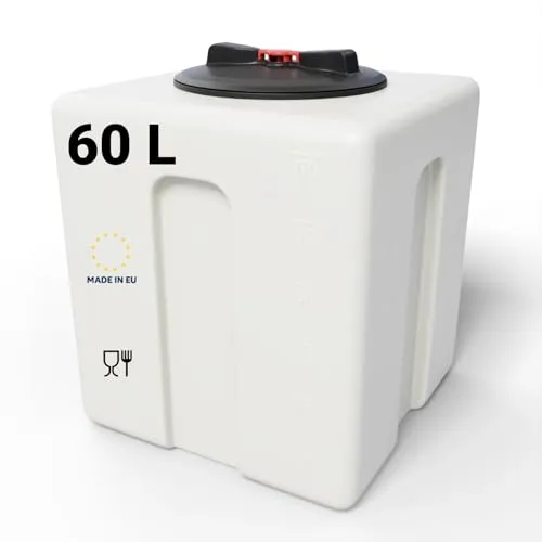 KMND Wassertank 60 Liter - Weithalsfass Kunststoff PE-HD Wasserbehälter - Regentonne - lebensmittelecht Wohnmobil Futtertonne Eckig Sauerkrautfass - Made in EU - Weiss