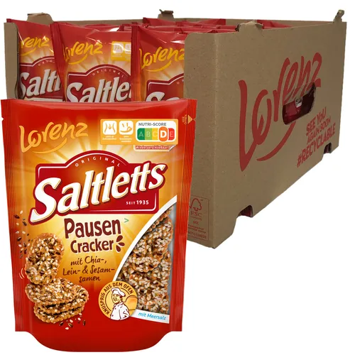 Lorenz Snack World Saltletts Pausen Cracker - 16er Pack (16 x 100 g), Vollkorn-Snack mit Chia-, Lein- und Sesamsamen, ideal für den kleinen Hunger und ohne Geschmacksverstärker
