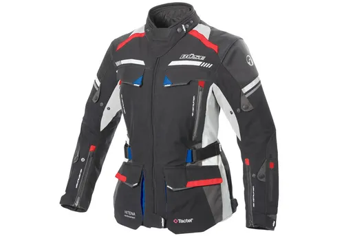 Büse Highland II Damen Jacke schwarz / blau / rot 44 - Motorradjacke für Adventure & Touren, wasserdicht und atmungsaktiv mit HUMAX® Klimamembran. Sicherheit mit YF®-Protektoren und reflektierenden Elementen für gute Sichtbarkeit.
